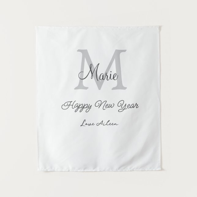 Tapiz simple minimal happy new year monogram gray name  (Anverso)