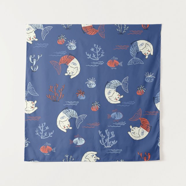 Tapiz Sirena de gatos, patrón sin costuras texturado. (Anverso)