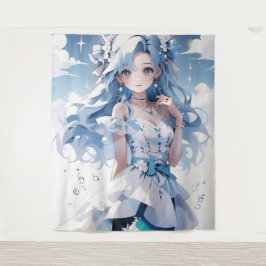 Tapiz Sirenita con el pelo azul en un vestido azul