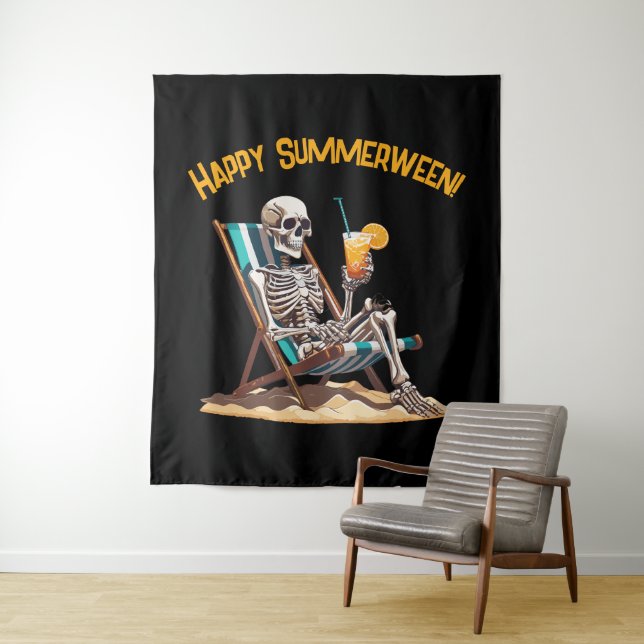 Tapiz Skeleton Beach Lounging Halloween Foto de fondo (In situ)