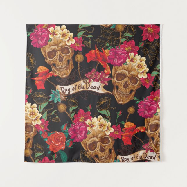 Tapiz Skull and Flowers Day of The Dead Seamless Backgro (Anverso)