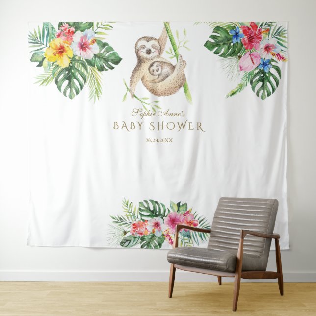 Tapiz SlothTropical Floral Baby Shower Photo Booth Prop (In situ (horizontal))