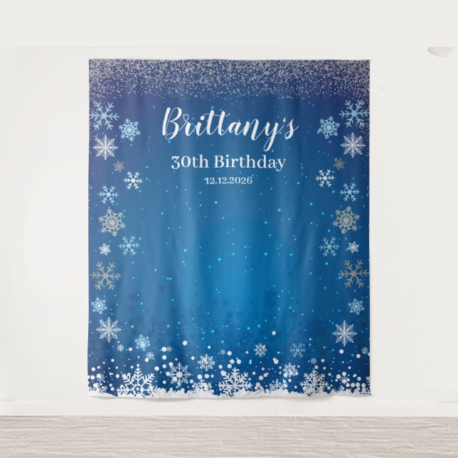 Tapiz Snow Blue Winter Birthday Backdrop banner (Anverso)