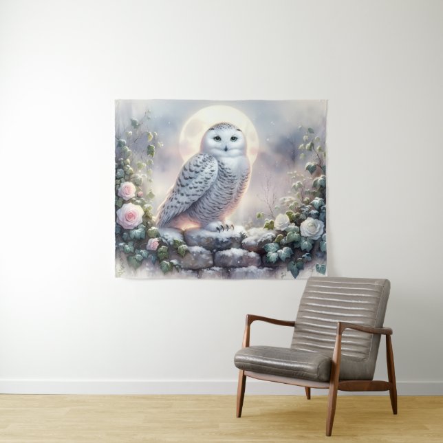 Tapiz Snowy Owl in Moonlit Winter Garden (In situ (horizontal))