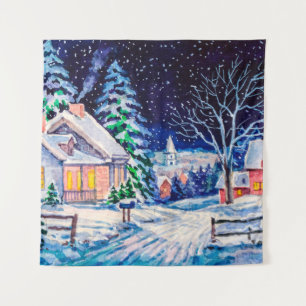 Tapiz Snowy winter landscape. Country House. Christmas h