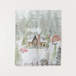 Tapiz Snowy Winter Navidades Cabin Scene