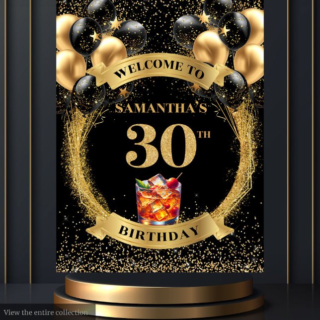 Tapiz Sofisticada Banner de oro negro de 30 años (Sophisticated 30th Birthday Black Gold Banner)