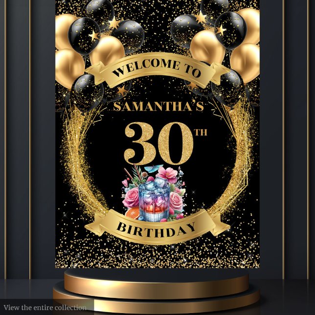 Tapiz Sofisticado Whiskey Black Gold de 30 años (Sophisticated 30th Birthday Black Gold Whiskey Tapestry)