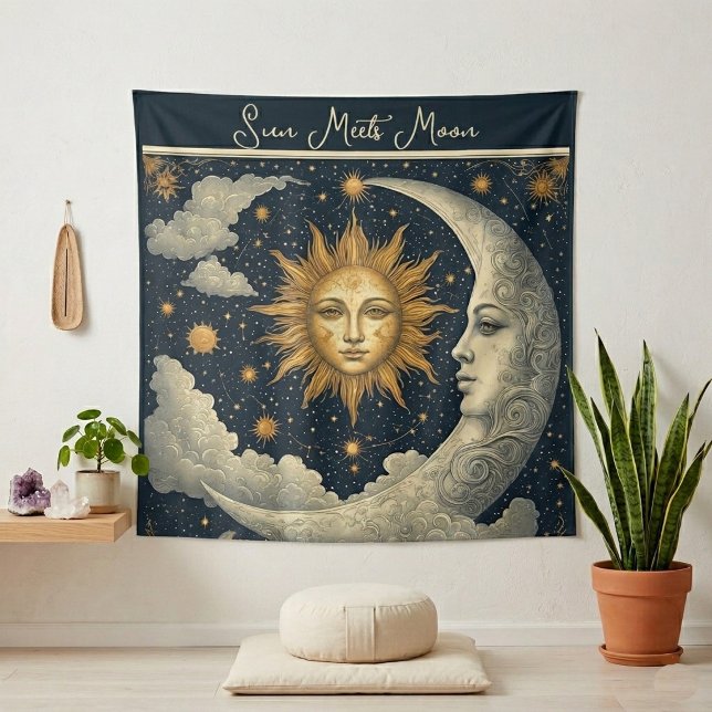 Tapiz Sol Celestial se Encuentra con el Zodiaco Espiritu (Celestial Sun Meets Moon Zodiac Spiritual Cosmos Tapestry)