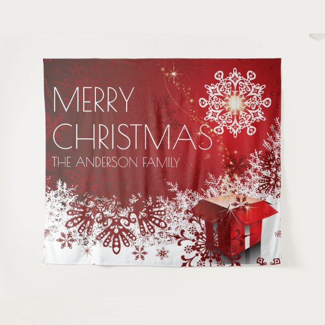 Tapiz Sorpresa de regalo de Navidad con fondo de copo de (Anverso (horizontal))
