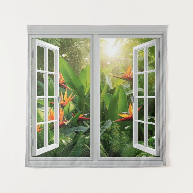 Tapiz Square White Window with Tropical Scenic View (Anverso)