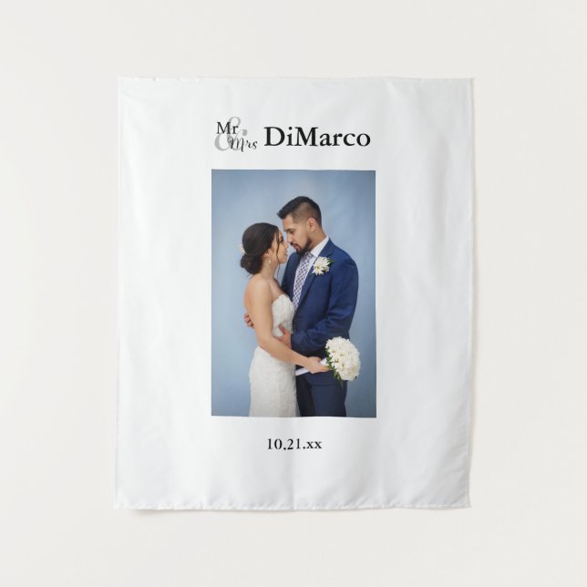 Tapiz Sr. y Sra. Boda Foto con nombre y fecha (Anverso)