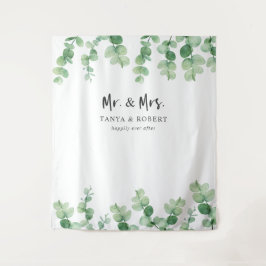 Tapiz Sr. y Sra. Eucalyptus Boda Backdrop Bride Groom
