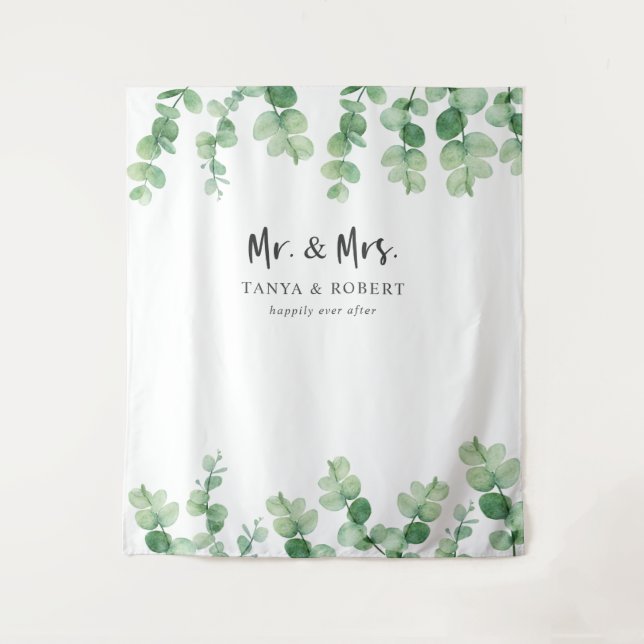 Tapiz Sr. y Sra. Eucalyptus Boda Backdrop Bride Groom (Anverso)