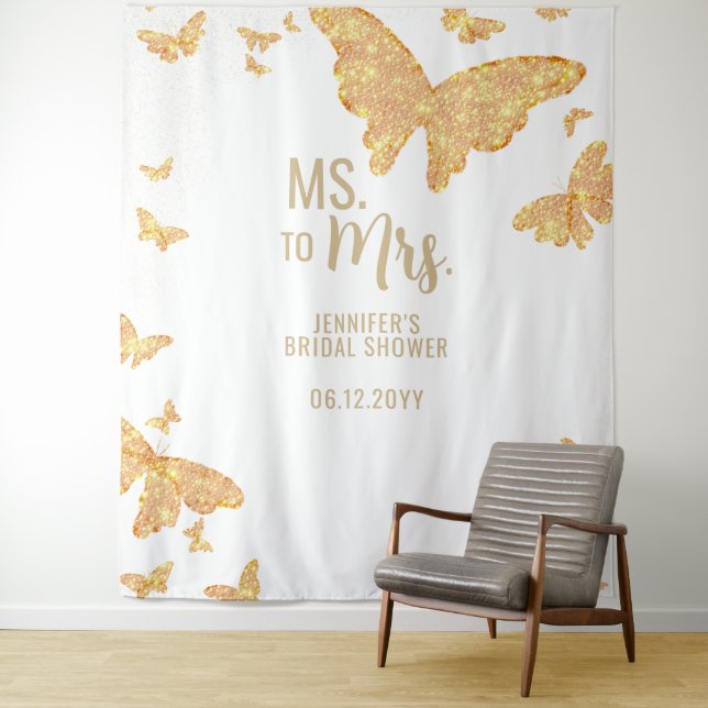 Tapiz Sra. Boho Gold Butterfly White Bridal Backdrop (In situ)