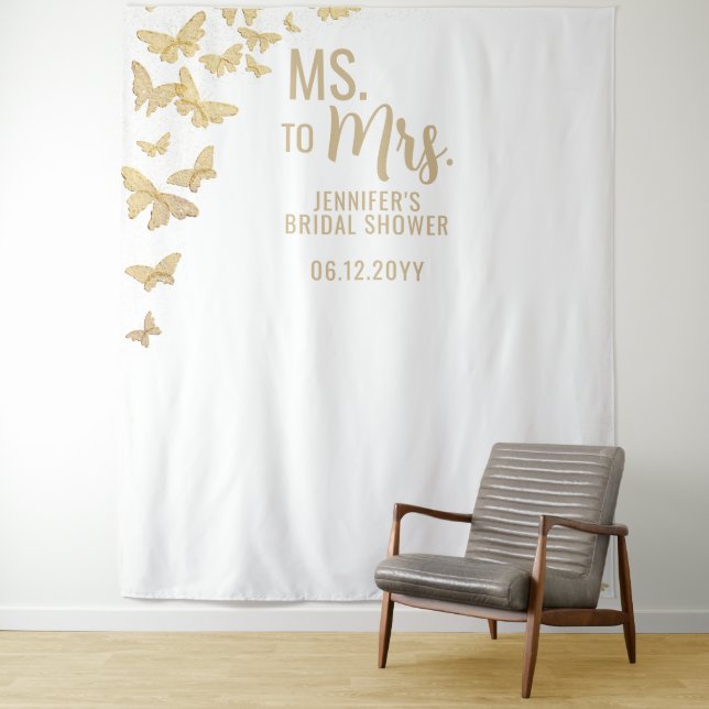 Tapiz Sra. Gold Butterflies Moda White Bridal Backdrop (In situ)