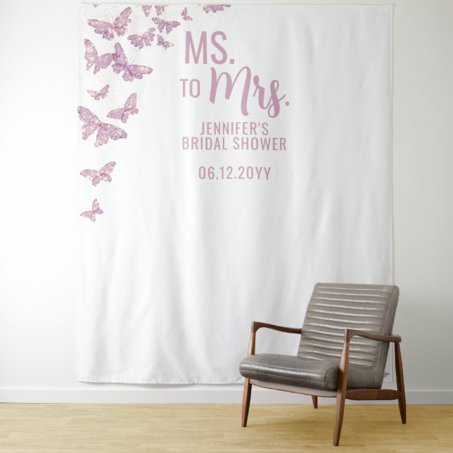Tapiz Sra. Purple Gold Mariposa White Bridal Backdrop (In situ)