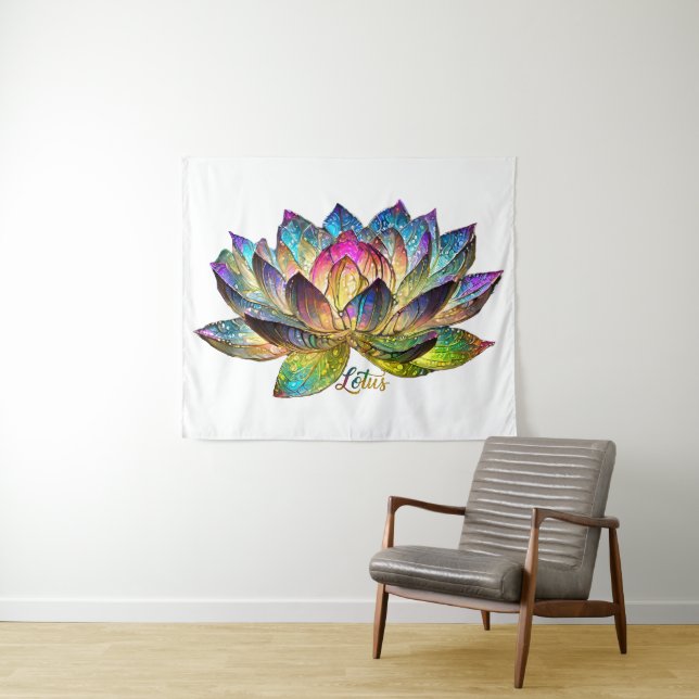 Tapiz Stained Glass Colorful Lotus Flower on White (In situ (horizontal))