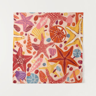 Tapiz Starfishes, cáscaras y piedras dibujadas a mano pl