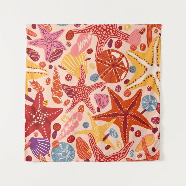 Tapiz Starfishes, cáscaras y piedras dibujadas a mano pl (Anverso)