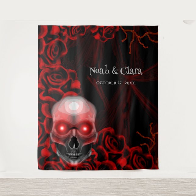 Tapiz Sterrorífico cráneo gótico floral oscuro moreno Ha (Anverso)