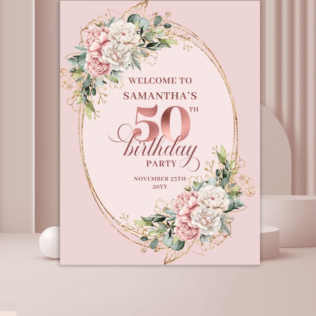 Tapiz Stylish Botanical Blush 50th Birthday Backdrop (Stylish Botanical Blush 50th Birthday Backdrop)