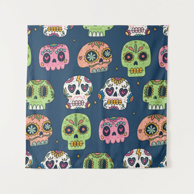 Tapiz sugar skull seamless pattern vintage illustration (Anverso)