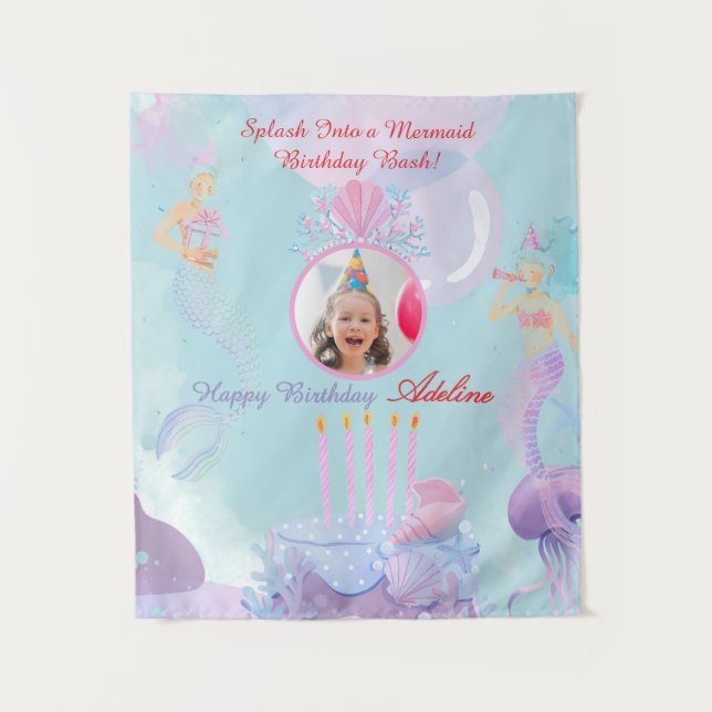 Tapiz ¡Sumérgete en una Fiesta de Cumpleaños de Sirena! (Anverso)