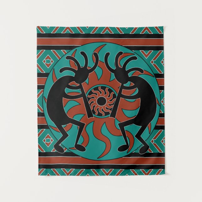 Tapiz Sun Tribal Turquesa del Suroeste Kokopelli (Anverso)