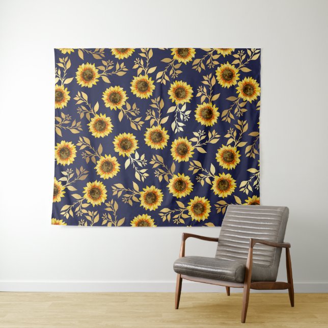 Tapiz Sunny Yellow Gold Navy Sunflowers deja el patrón (In situ (horizontal))