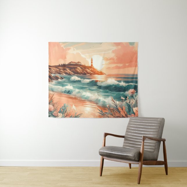 Tapiz Sunset Lighthouse Ocean Beach Boho Floral (In situ (horizontal))