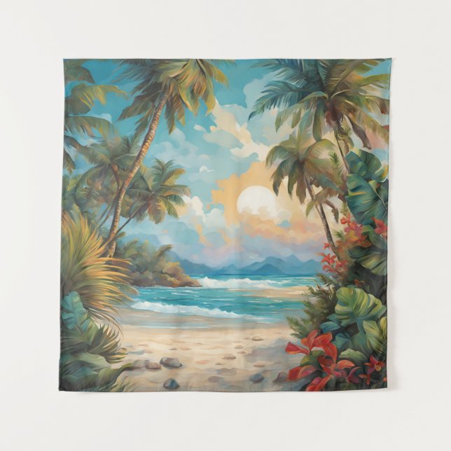 Tapiz Sunset Tropical Beach Flowers Art (Anverso)