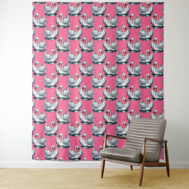 Tapiz Swan Birds Pattern Design On Pink (In situ)