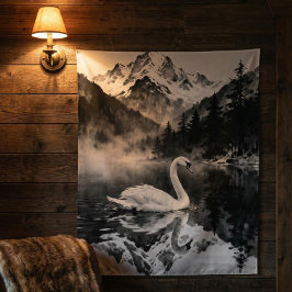 Tapiz Swan Lake Mountain | Black and White Ink art 