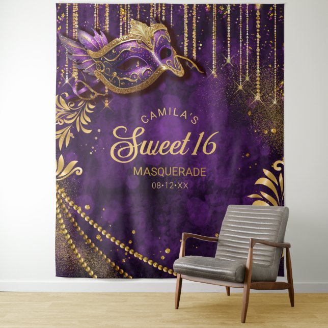 Tapiz Sweet 16 Masquerade Purple Photo Backdrop ID1032 (In situ)