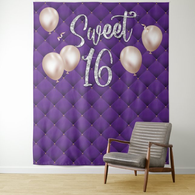 Tapiz Sweet 16 Modern Silver Script Purple de lujo tufad (In situ)