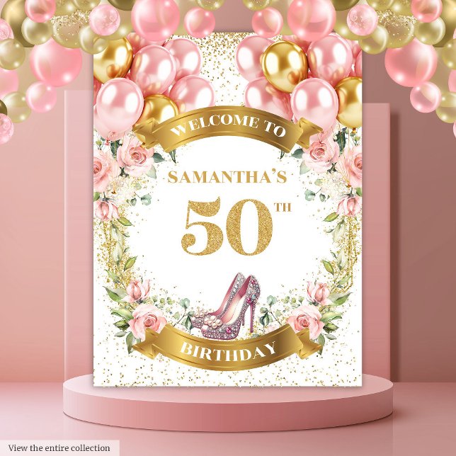 Tapiz Tacones de lentejuelas doradas para cumpleaños 50  (Classy 50th Birthday Gold Glitter Pink Heels Tapestry )