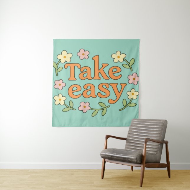 Tapiz "Take Easy": Positive Retro Floral Illustration (In situ)
