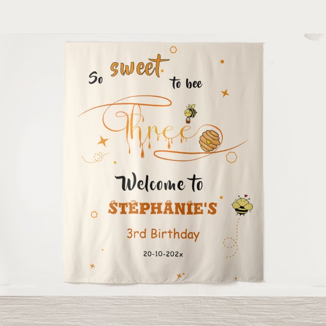 Tapiz Tan Dulce Ser Tres Cumpleaños Cute Honey Bee 3 (Anverso)
