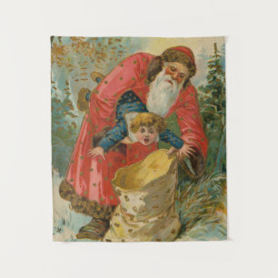 Tapiz Tarjeta de Navidad antigua, Papá Noel, Niño travie