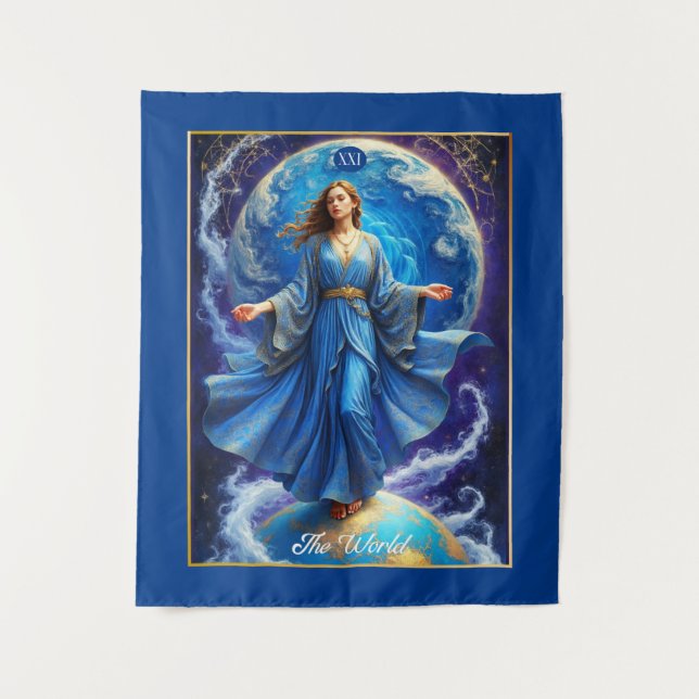 Tapiz Tarjeta Tarot, el mundo, en azul profundo (Anverso)