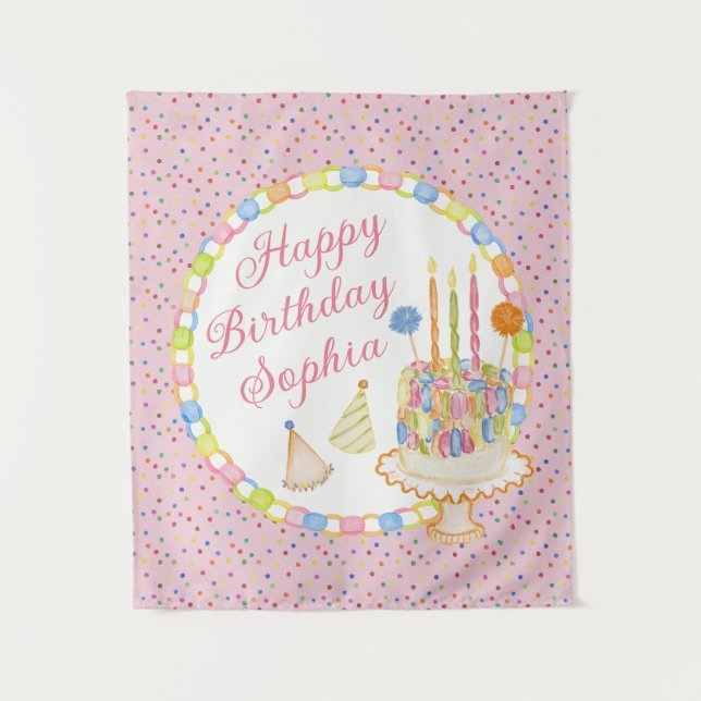 Tapiz Tarta de cumpleaños con confeti rosa (Anverso)