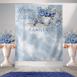 Tapiz Taza de té floral de invierno elegante Cumpleaños