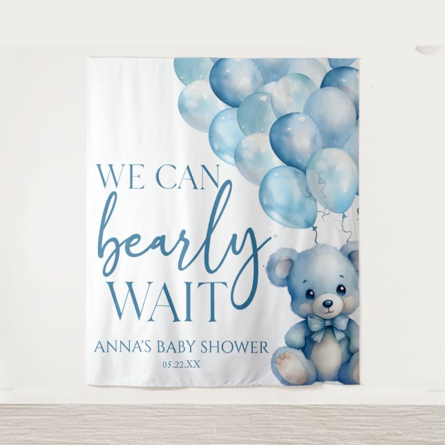 Tapiz Teddy Bear Blue Podemos Esperar Baby Shower (Anverso)