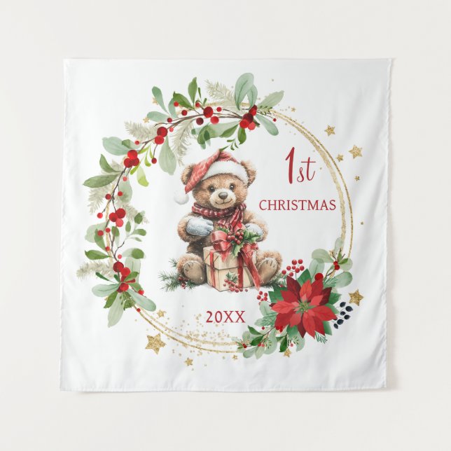 Tapiz Teddy Bear Foliage Poinsettia Baby 1er Navidades (Anverso)