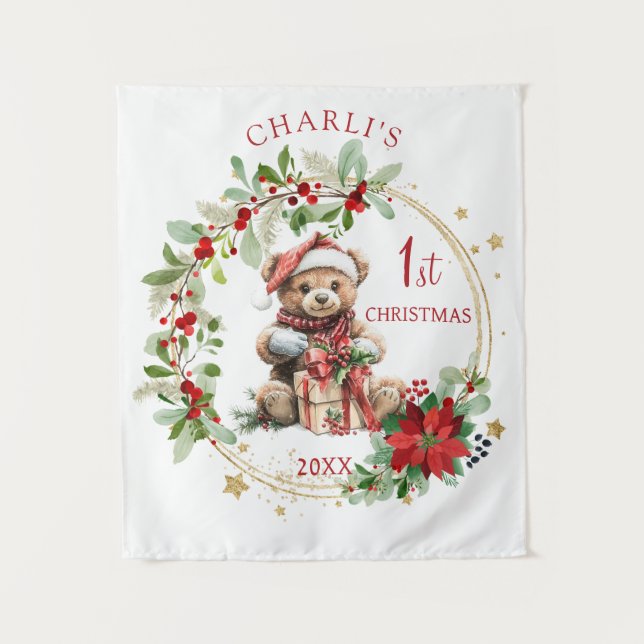 Tapiz Teddy Bear Foliage Poinsettia Baby 1er Navidades (Anverso)
