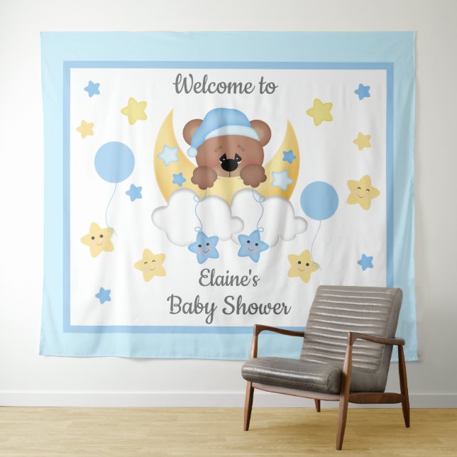 Tapiz Teddy Bear Moon Stars Baby Boy Ducha Fondo (In situ (horizontal))