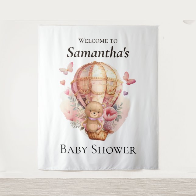 Tapiz Teddy Chica Foral Globo Baby Shower fondo (Anverso)