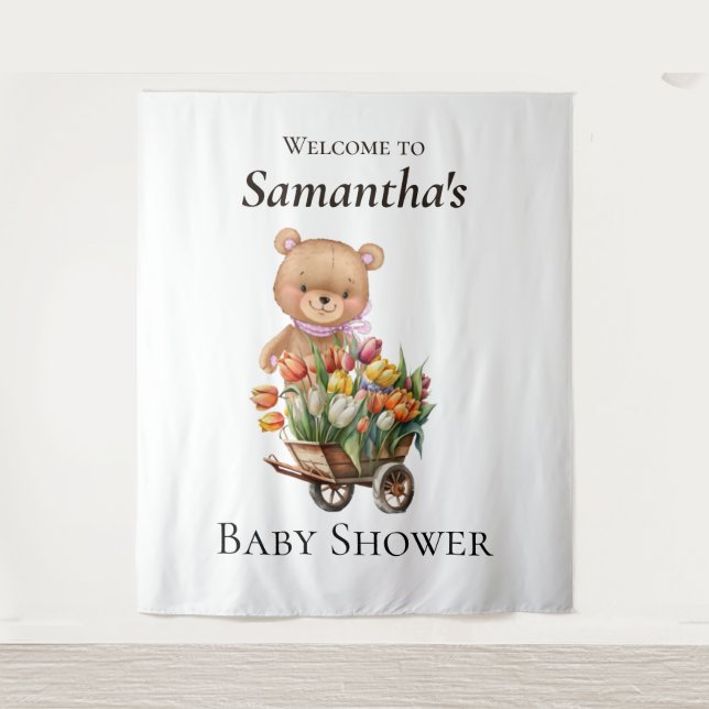 Tapiz Teddy Foral Chica Rustic Baby Shower fondo (Anverso)