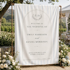 Tapiz Telón de bienvenida de boda a rayas azul y salvia